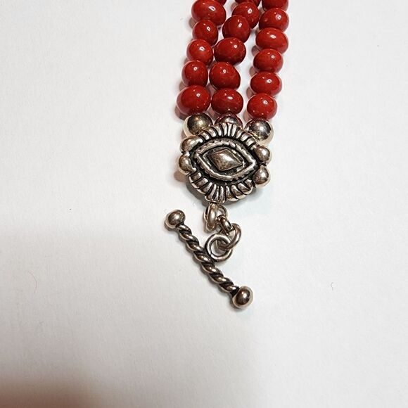 Ruby Lane Signed M.G. Sterling Silver Red Coral Bead Bracelet 3 Rows - Picture 4 of 10